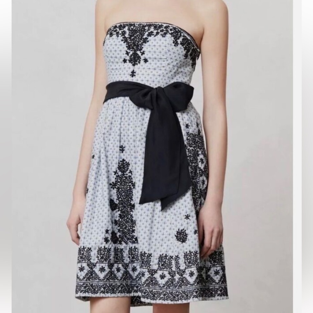 Anthropologie Moulinette Soeur Embroidered strapless Dress with Ribbon Belt Sz 8 - Picture 2 of 14